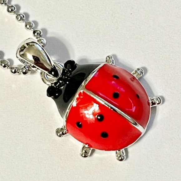 Silver Red Ladybug Pendant Necklace Crystal Plated 17" Chain Insect Enamel - Picture 3 of 11